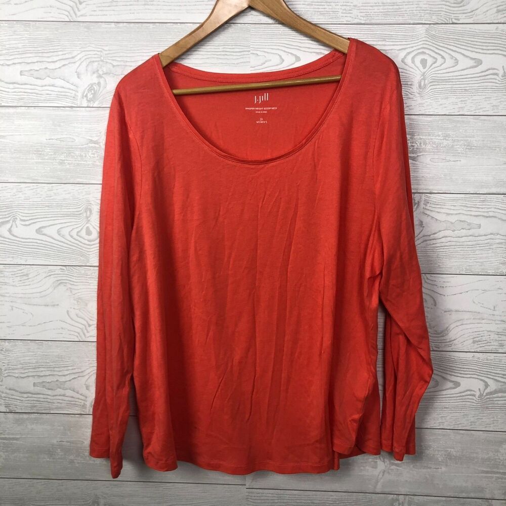 J Jill Women's 2X Whisper Weight Scoop Neck Tee Shirt Long Sleeve Orange Casual